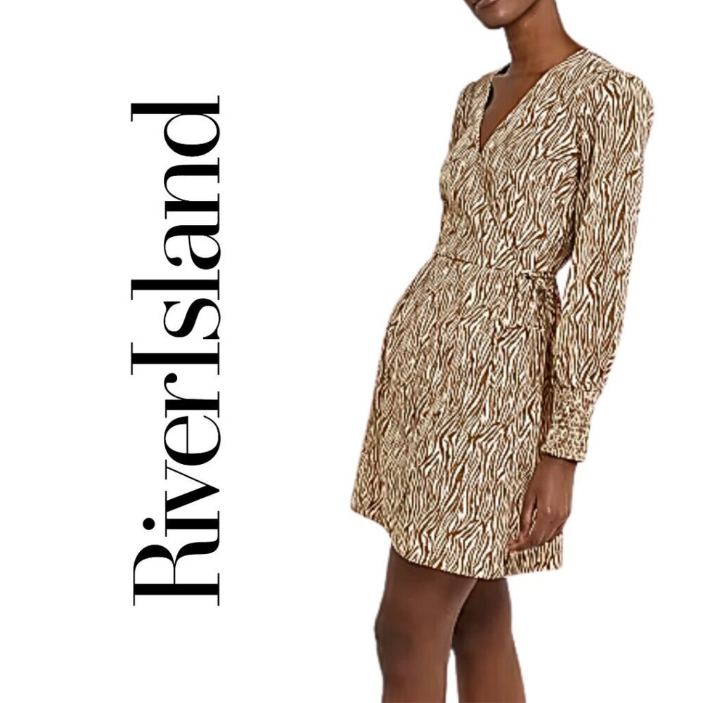 NWT, River Island,‎ Zebra Print Long Sleeve Faux Wrap Dress, Tan, Brown